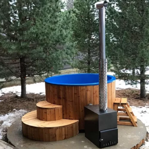 Ciubar din fibra sticla rotund soba exterioara aluminiu 27kw, diametru 1,8m 5 ciubar 4 persoane fibra de sticla kit cu soba cu lemne din inox cos evacuare fum scara cu trepte 202586